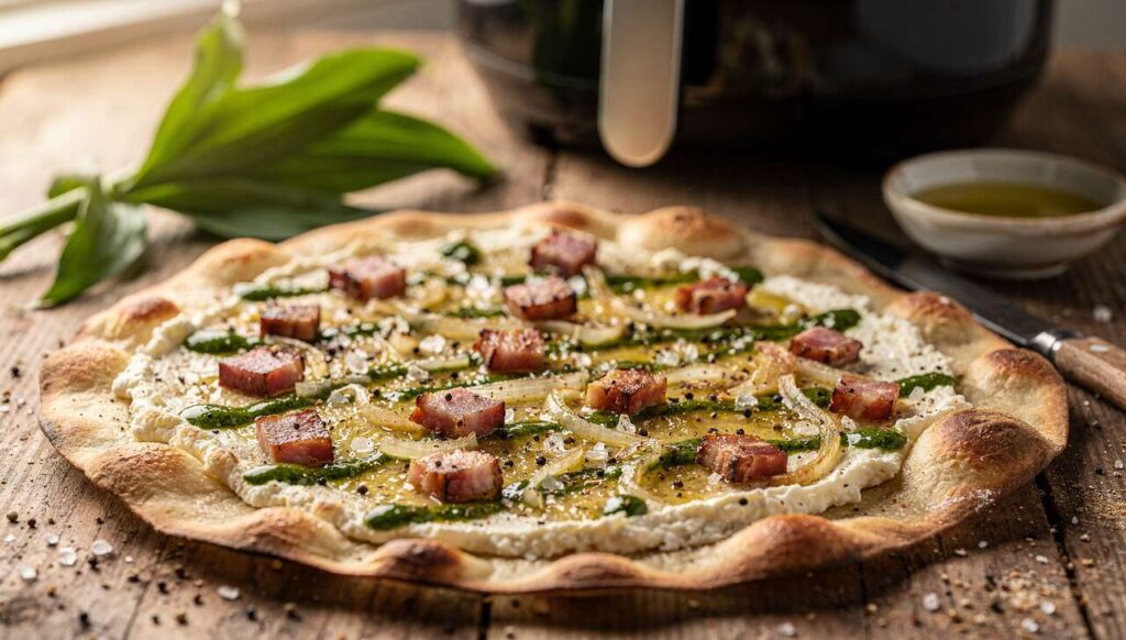 Bärlauch-Flammkuchen aus dem Airfryer: Dünn, knusprig und fertig in 8 Minuten